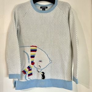 Lands End Girls Size Medium 10-12 Baby Blue Polka Dot Polar Bear Sweater Shirt